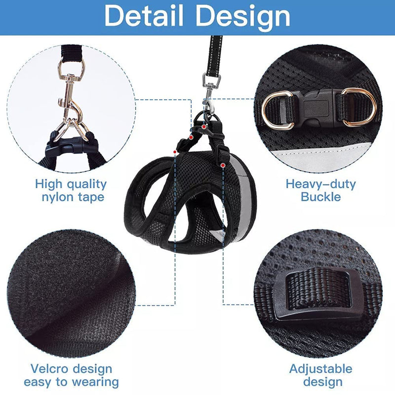 Step-in Dog & Cat Harness Reflective Vest with 120cm Leash, Soft Breadthsable Air Mesh for Small and Medium Dogs & Cats XS（Chest:9.5-10.5 "*Fit Cats） Black - PawsPlanet Australia