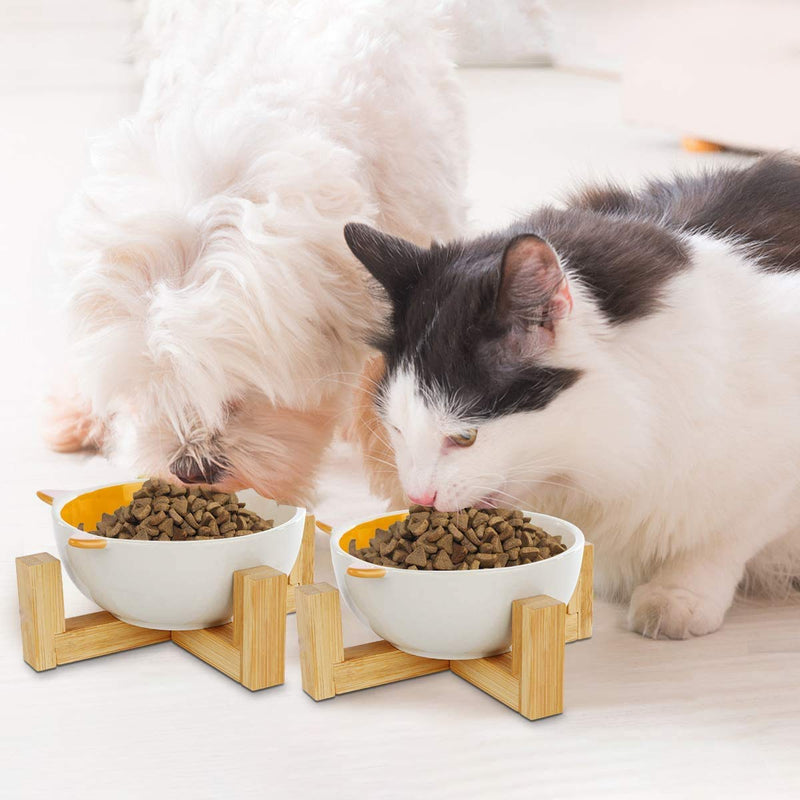 Ceramic Elevated Raised Cat Bowl, Ceramic Cat Bowl with Wood Stand, No Spill Pet Food Water Feeder, for Cats and Small Dogs - PawsPlanet Australia