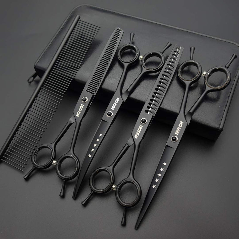 7.0 inches Professional Dog Grooming Scissors Set Straight & thinning & Curved & chunkers & comb 5pcs in 1 Set for left-handed & right handed Black - PawsPlanet Australia