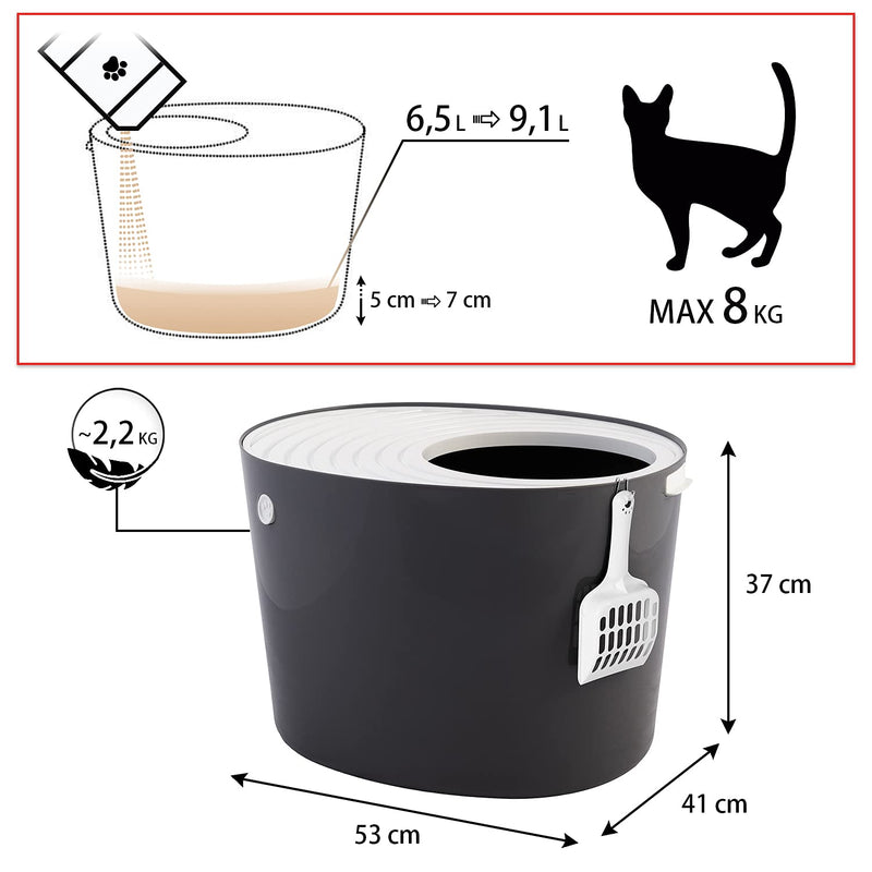 Iris Ohyama, Cat litter tray with grooved lid, no odor & litter spill, large entrance L26.7 x W22.9 cm, scoop included, for cat - Cat Litter Box Jump-in PUNT-530 - Grey Grooved cover - PawsPlanet Australia