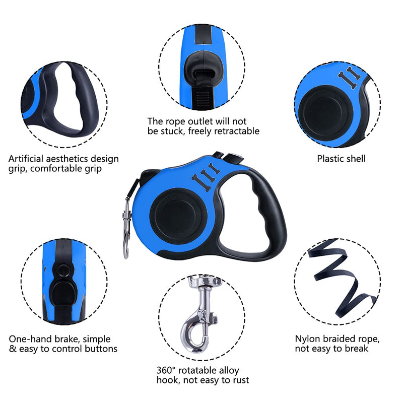 Dunhuang Retractable Dog Leash for X-Small/Small/Medium, 10ft/16ft (for Dogs Up to 22lbs/33lbs), with 1 Free Portable Silicone Dog Bowl + 1 Waste Bag Dispenser + 3 Waste Bag 10ft (for Dogs Up to 22lbs) Blue - PawsPlanet Australia