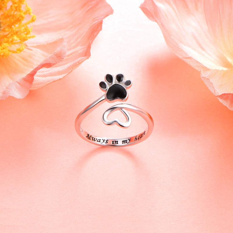 [Australia] - Sterling Silver Jewelry Engraved Always in my heart Puppy Dog Cat Pet Paw Print Love Heart Open Ring Black 5 