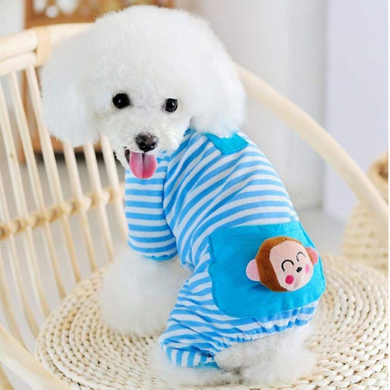 Pet Dog Pajamas Soft Cotton Shirt Jumpsuit Cute Overall Doggy Cat Strip Clothes Apparel for Play Sleep X-Small Blue Strip - PawsPlanet Australia