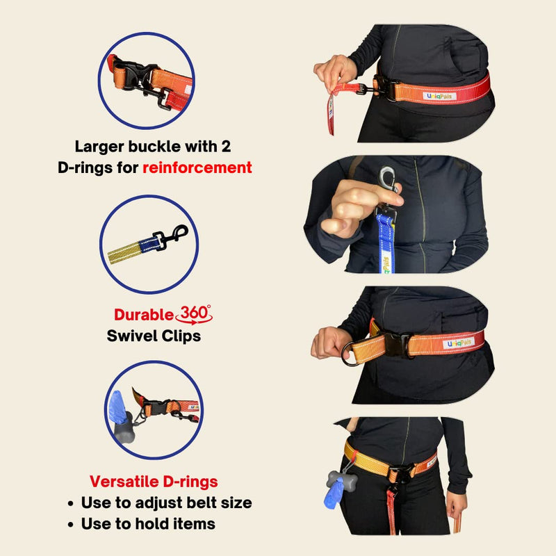 Uniqpals Hands Free Dog Leash for Medium to Large Dogs | 5 Feet Dog Leash for Walking, Running, Hiking with Heavy Duty Adjustable Waist Belt, Padded Handles, Reflective Stitching, and Carrying Bag Blue/Yellow - PawsPlanet Australia