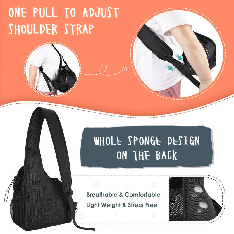 [Australia] - SlowTon Pet Dog Sling Carrier, Hands Free Papoose Small Animal Puppy Travel Bag Tote Breathable Mesh Hard Bottom Support Adjustable Padded Strap Front Pocket Safety Belt Machine Washable Black 