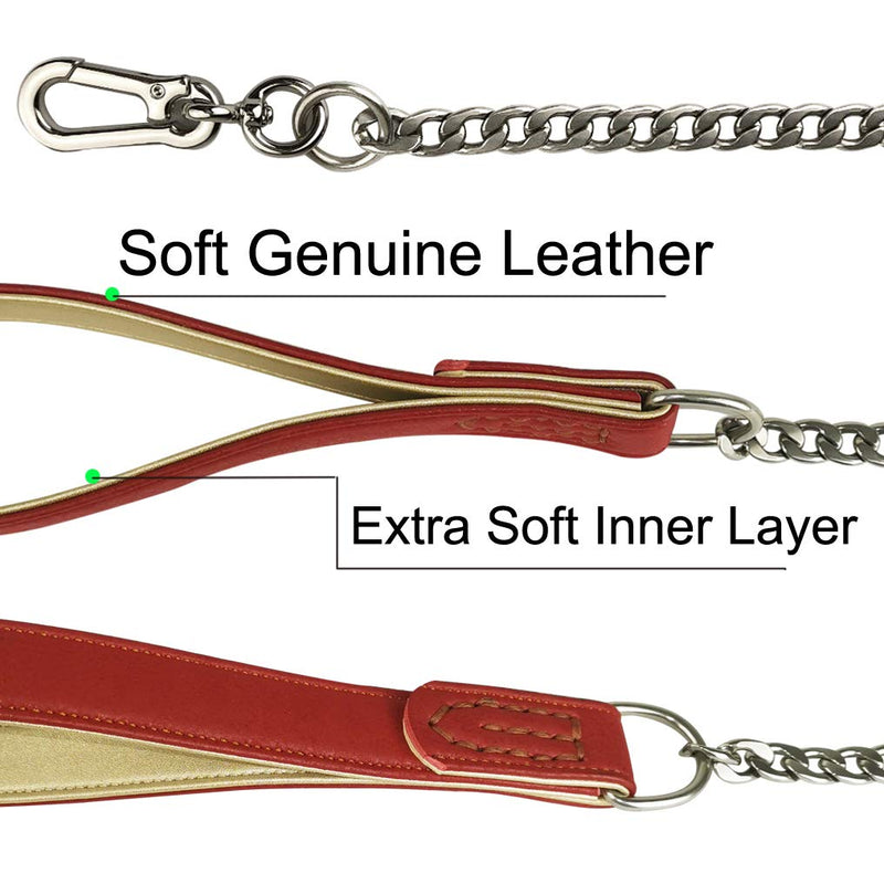[Australia] - Rantow 4FT Heavy Duty Dog Leash - 304 Stainless Steel Chain Pet Lead Rope with Soft Padded Leather Handle - Best for Small/Medium/Large Dogs Walking Training Hiking L(1inch Wide) Red 