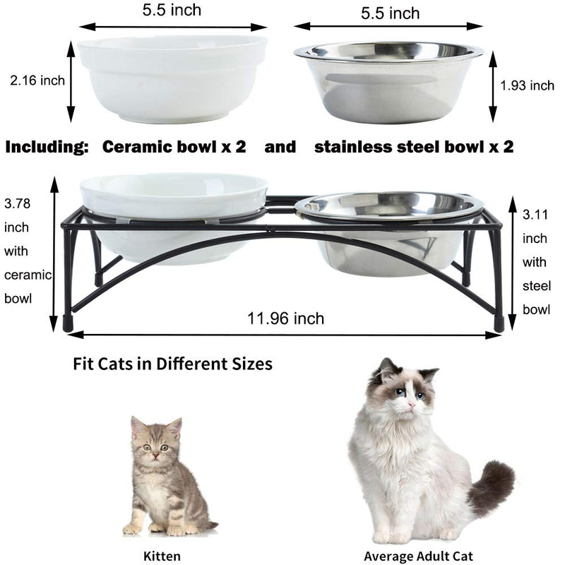 FOREYY Elevated Cat Bowls with 2 Ceramic Bowls and 2 Stainless Steel Bowls,Raised Cat Food Water Bowl with Iron Stand,Porcelain Pet Dishes for Cats and Small Dogs,16 Ounces,Dishwasher Safe - PawsPlanet Australia