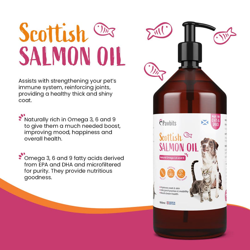 Pawbits 1 Litre Scottish Salmon Oil For Cats & Dogs - Natural Omega 3+6+9, Healthy Coat & Immune System Fish Oil 1 l (Pack of 1) - PawsPlanet Australia