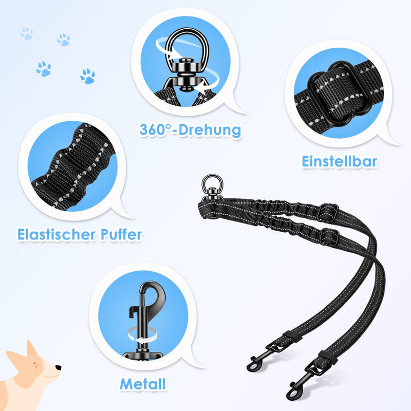 Nasjac Double Dog Leash, Tangle Free 360° Rotating Splitter Double Leash for Two Dogs, Adjustable Shock Absorbing Bungee Reflective Leash for Dogs Small Medium and Large Running Training Small (3-9KG) Black - PawsPlanet Australia