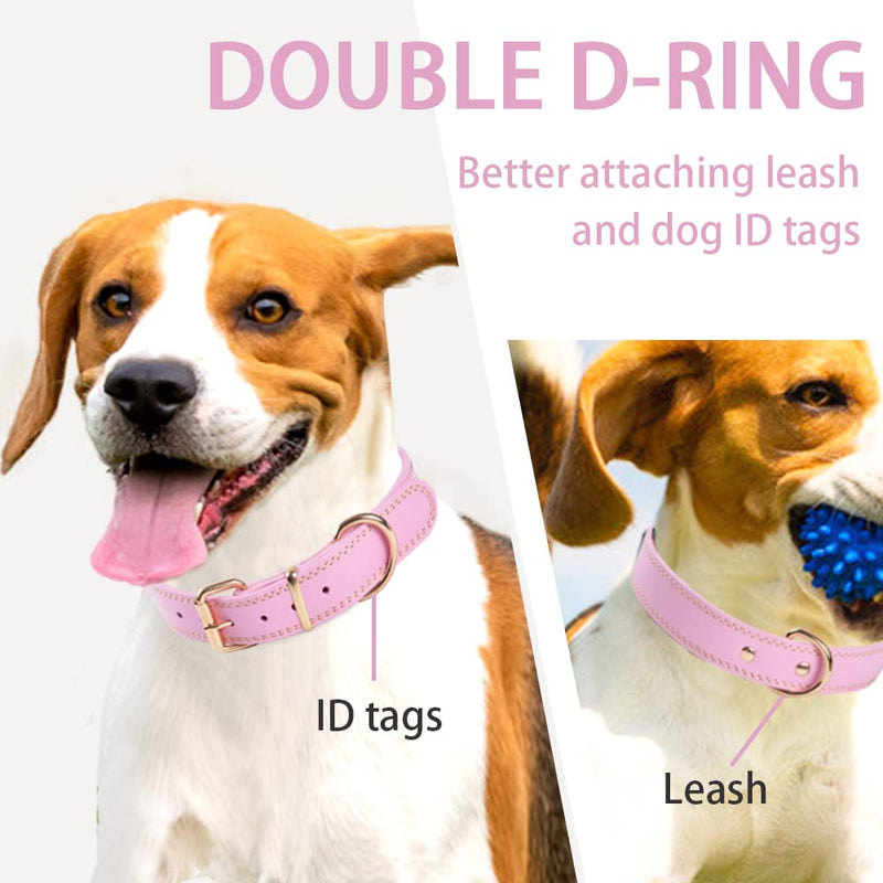 Extra Thick Premium Genuine Leather Dog Collar, Adjustble Heavy Duty Dog Collars for Small Medium & Large Breed Dogs(Pink) (S) S (Neck 29-39cm) Pink - PawsPlanet Australia