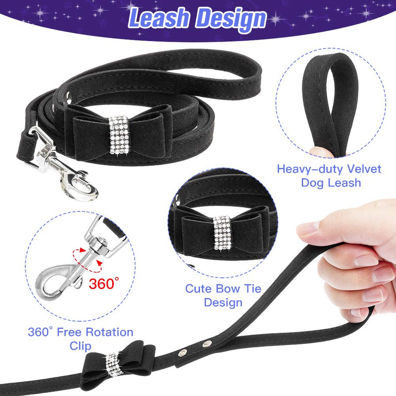 [Australia] - EXPAWLORER Bling Dog Collar with Leash Set for Dogs & Cats, Sparkling Rhinestone Bow Tie Collar and 4 Feet Leash, Crystal Soft Durable Leather Pet Collar for Daily and Party Show S (Neck:10.2"-12.4", Leash:3.9ft) Black 