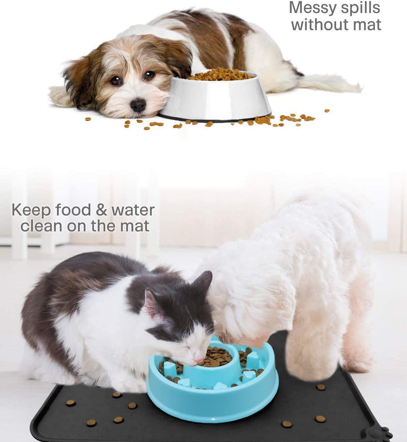 Amrta Silicone Pet Feeding Food Mat Cat Dog Bowl With Free 2 Pcs Plastic Pet Food Spoon, Non-Stick Pet Mats Durable Soft Water Cushion Waterproof For Dogs Cats (Large:18.5"*11.5" (47cm*29cm)-Black) Black - PawsPlanet Australia