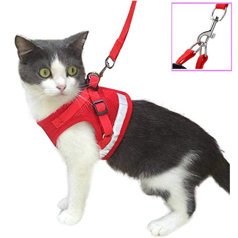 Ducomi Cesar Cat Harness + Leash 120 cm - Breathable Mesh Fabric and Double Anti-leak Closure - Reflective and Reflective Bands (Red, XL) red - PawsPlanet Australia