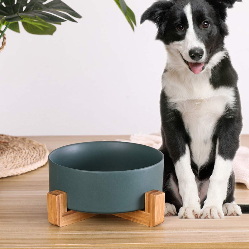 Green Ceramic Dog Bowls with Wood Stand, Dog Water Bowls and Food Dish, Heavy Weighted or No Tip Over Dog Comfort Food Bowls, Stoneware Pet Bowl,Extra High Capacity 8.4" Diameter, for Large Dogs Green - PawsPlanet Australia