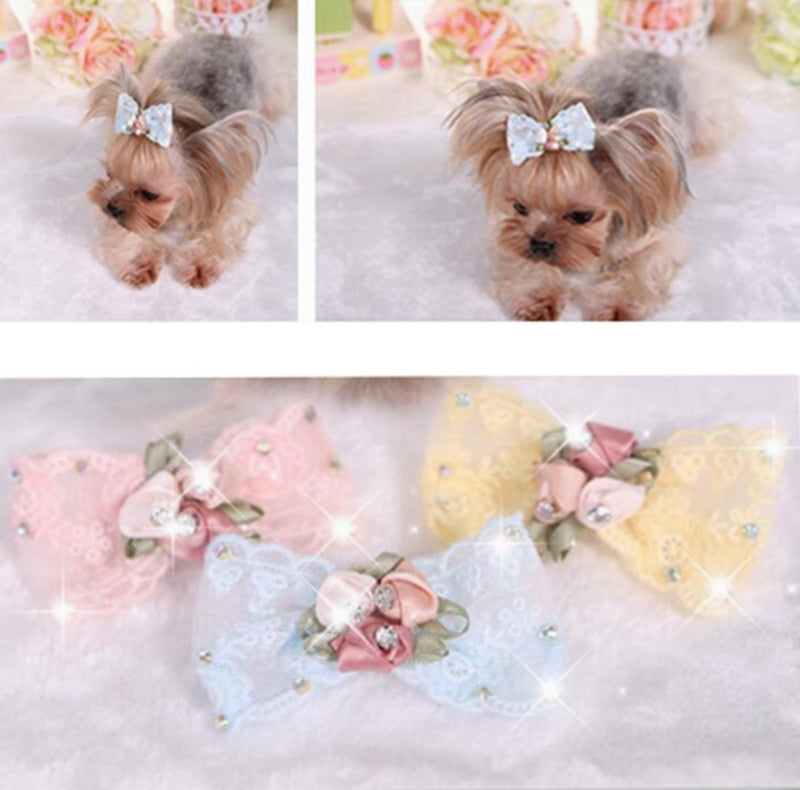 Bling Rhinestone Luxury Pet Puppy Dog cat Hairpin Hair Bows tie Dog lace Hair Clips Pet Dog Grooming Pet Hair Accessories Pack of 2 Blue - PawsPlanet Australia