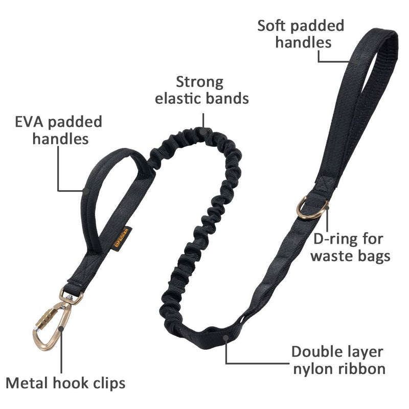 [Australia] - EXCELLENT ELITE SPANKER Military Leash Dog Tactical Space Aluminum Hook Clips Bungee Dog Leash Tactical Dog Leash Elastic Dog Rope Leads with 2 Control Handle Black 