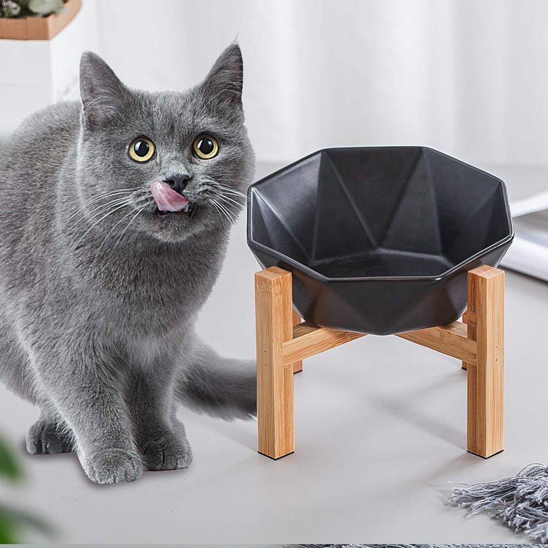 HCHLQLZ Black with stand Ceramic Tilted Elevated Raised Pet Bowl with bamboo Stand for Cats and Dogs No Spill Pet Food Water Feeder - PawsPlanet Australia