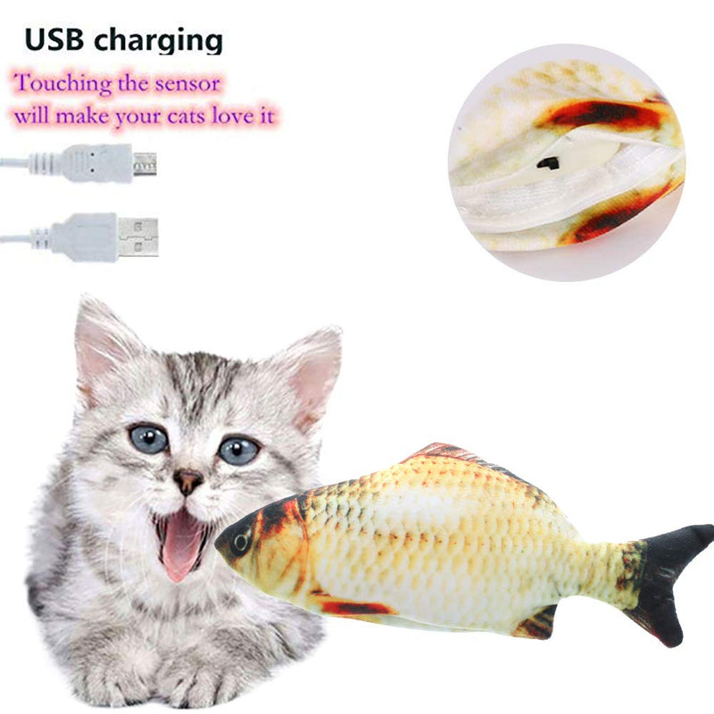 PeSandy Flopping Fish Cat Toy, 11'' Moving Cat Kicker Fish Toy with Sensor for Cat/Kitten Biting, Chewing and Kicking -Interactive Realistic Plush Simulation Doll Fish with Catnip Bag, USB Charging 1PCS,Grass Carp - PawsPlanet Australia