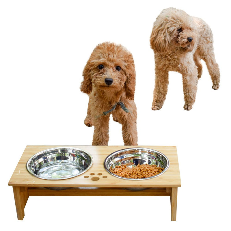 [Australia] - FOREYY Raised Pet Bowls for Cats and Dogs, Bamboo Elevated Dog Cat Food and Water Bowls Stand Feeder with 2 Stainless Steel Bowls and Anti Slip Feet 4'' Tall-20 oz bowl 