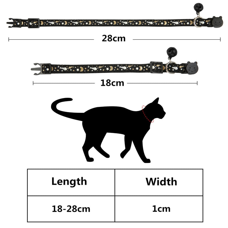 SLSON 3 Pack Cat Collar Breakaway Kitten Collar with Bell Moon Star and Fish Bone Pattern Cat Collars Glow in Dark Adjustable from 18-28cm, Red, White, Black - PawsPlanet Australia