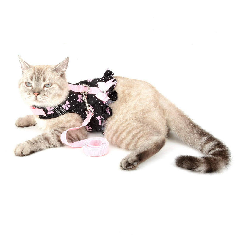 SMALLLEE_LUCKY_STORE Bow Flower Print Cat and Small Dog Harness Dress with Leash for Girls Adjustable No Pull Escape Proof Soft Walking Jacket Waterproof Puppies Kitten Harness Vest Outdoor XS(chest 12-13.5") black bows - PawsPlanet Australia