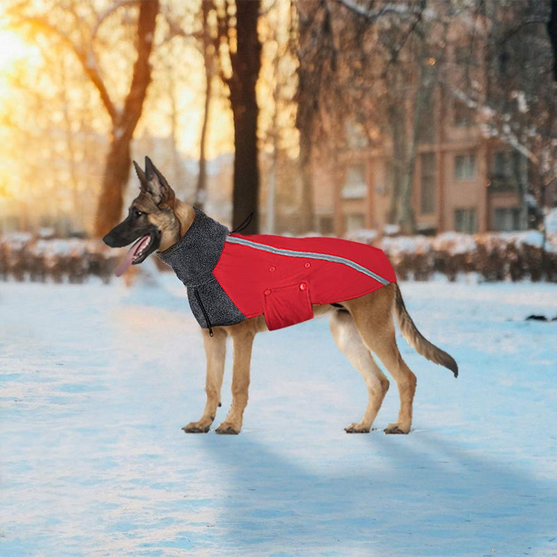 SlowTon Winter Dog Coat, Warm Polar Fleece Lining Doggie Outdoor Jacket with Turtleneck Scarf Reflective Stripe Adjustable Waterproof Windproof Puppy Vest Soft Pet Outfits for Small Medium Large Dogs M Red - PawsPlanet Australia