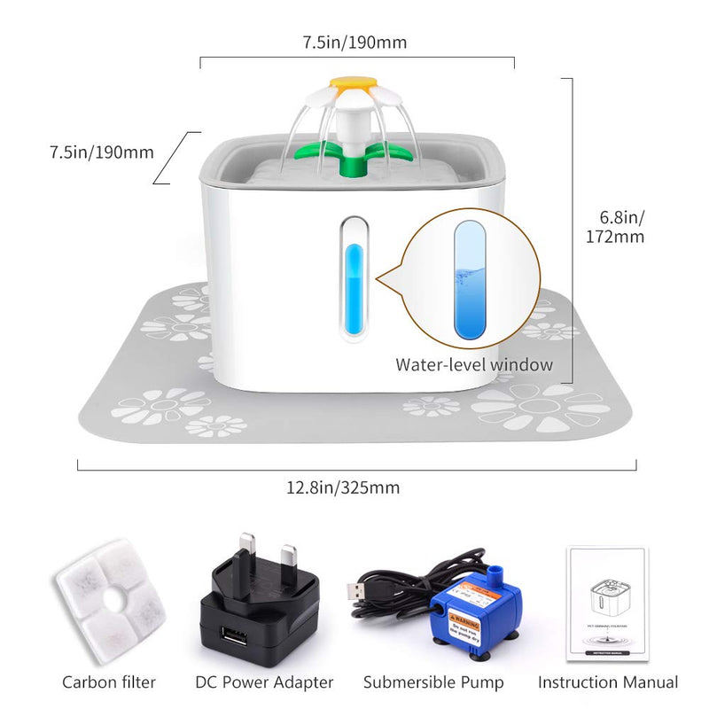 Pet Water Fountain with LED Water Level Window, 84oz/2.5L Automatic Pet Fountain, Ultra Silent Healthy and Hygienic, 3 Modes Drinking Fountain, with 1 Carbon Filter and 1 Large Silicone Mat, Grey - PawsPlanet Australia