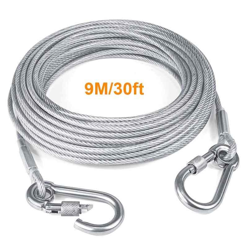 Tresbro 15/30/50/70/100FT Reflective Dog Tie Out Cable for Dogs Up to 250lbs, Steel Wire Dog Cable with Stainless Dual Fix Buckle, Lightweight and Durable, Dog Chains Outside for Outdoor,Yard,Camping 30FT Silver - PawsPlanet Australia