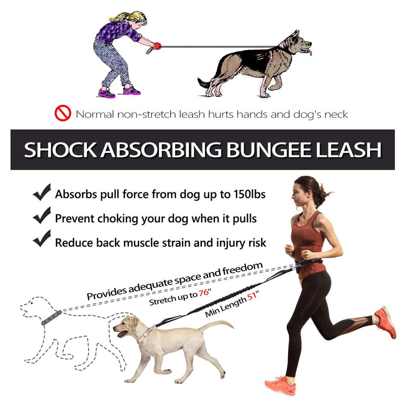 [Australia] - LANNEY Hands Free Dog Leash for Running Walking Jogging Training Hiking, Retractable Bungee Dog Running Waist Leash for Medium to Large Dogs, Adjustable Waist Belt, Reflective Stitches, Dual Handle Black/Black (Waist Belt with Detachable Pouch) 