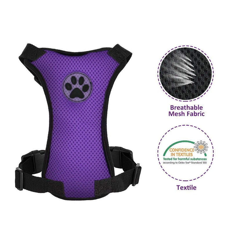 SlowTon Dog Car Harness Plus Connector Strap, Multifunction Adjustable Vest Harness Double Breathable Mesh Fabric with Car Vehicle Safety Seat Belt Small Purple - PawsPlanet Australia