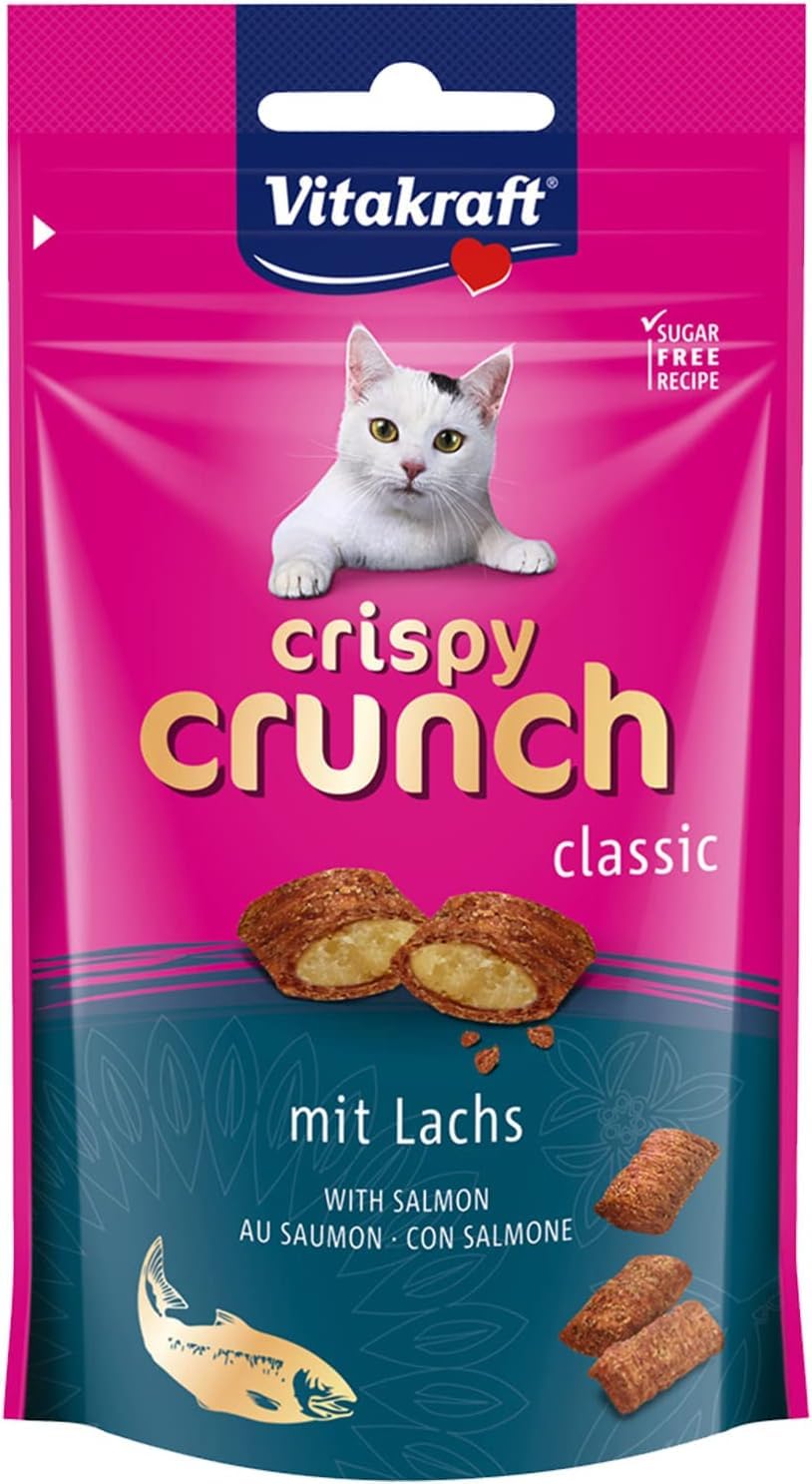 Vitakraft Crispy Crunch, crunchy snack pillows filled with salmon, cat snack, sugar-free (1x 60g) - PawsPlanet Australia