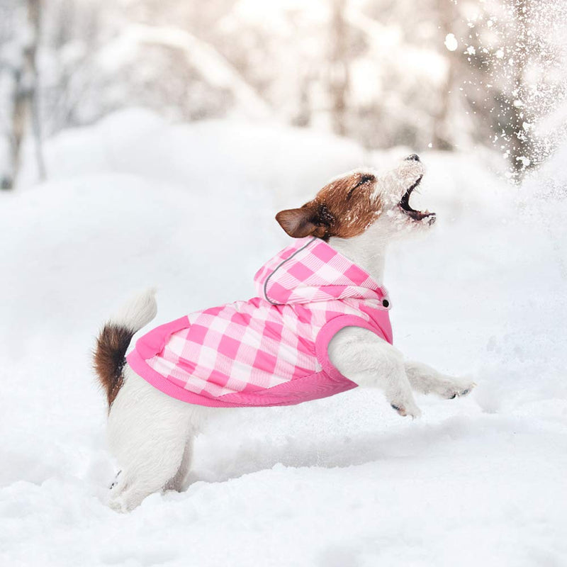 [Australia] - Kuoser British Style Plaid Dog Winter Coat, Windproof Cozy Cold Weather Dog Coat Fleece Lining Dog Apparel Reflective Dog Jacket Dog Vest for Small Medium Dogs with Removable Hat（XXS-L） XXS(Chest:12.2",Body: 8.7") Pink 