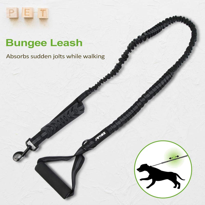 Bungee Dog Lead, Zellar Anti Pull Shock Absorbing Bungee Leash, Strong Dog Lead Pet Training Leash with Comfortable Padded Handle for Small Medium Large Dog - Reflective for Night Time Walking (Black) - PawsPlanet Australia