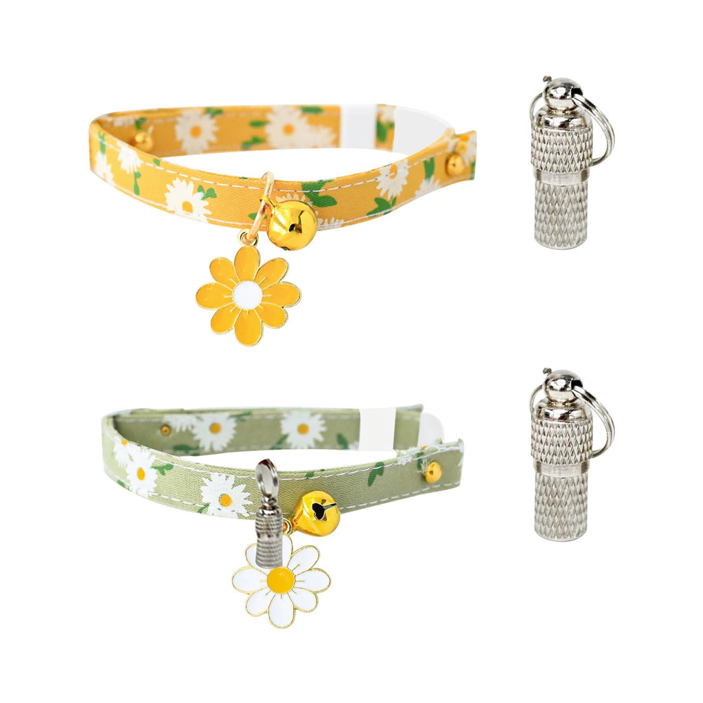 2-Piece Pet Collar with 2 Pet Identity Pendants, Collar with Bell, Cotton Cat Collar, Flower Pendant Cute Cat Necklace for Pet Cats, Etc. (Yellow, Green) - PawsPlanet Australia