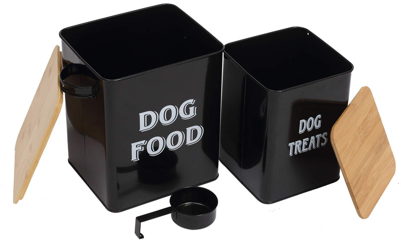 Pethiy Dog Food and Treats Storage tin Containers Set with Scoop for Dogs-Tight Fitting Wood Lids-Coated Carbon Steel-Storage Canister Tins Black - PawsPlanet Australia