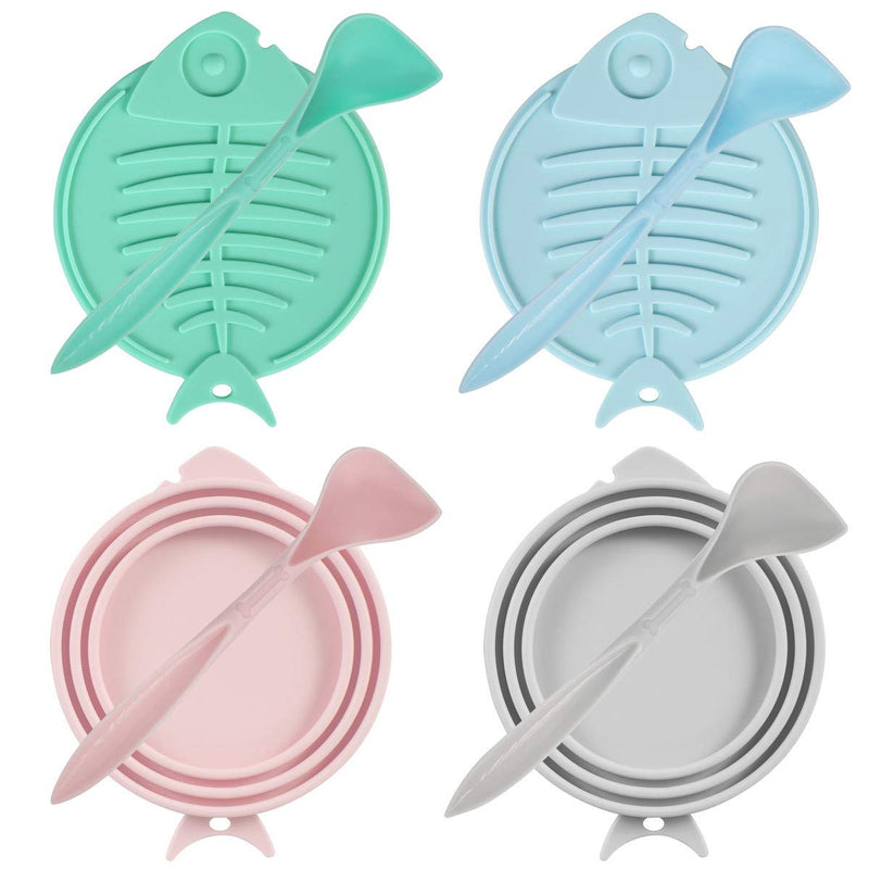 [Australia] - 4 Pack Can Covers and 4 Pack Pet Spoons Set,Universal Silicone Can Lids for Pet Food Cans 1 Fit 3 Standard Size Dog and Cat Can Tops Cover Fish Shape 