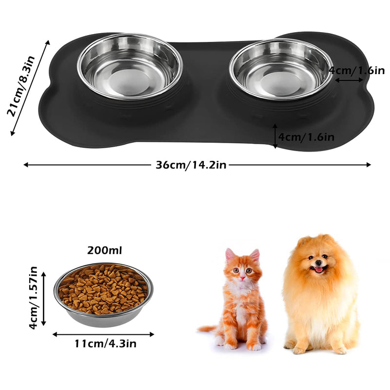 Dog Bowls, Cat Food and Water Bowls Stainless Steel , Double Pet Feeder Bowls with No Spill Non-Skid Silicone Mat, Dog Dish for Medium Dogs Cats Puppies, Set of 2 Bowls S-6oz,Bone shape Black - PawsPlanet Australia