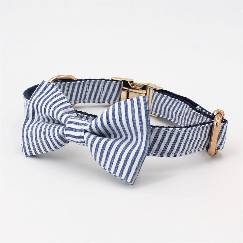 [Australia] - Free Sunday Blue Stripe Seersucker Dog Bow Tie Dog Collar Dog Leash for Small Dog, Medium Dog, Large Dog XS collar bow 
