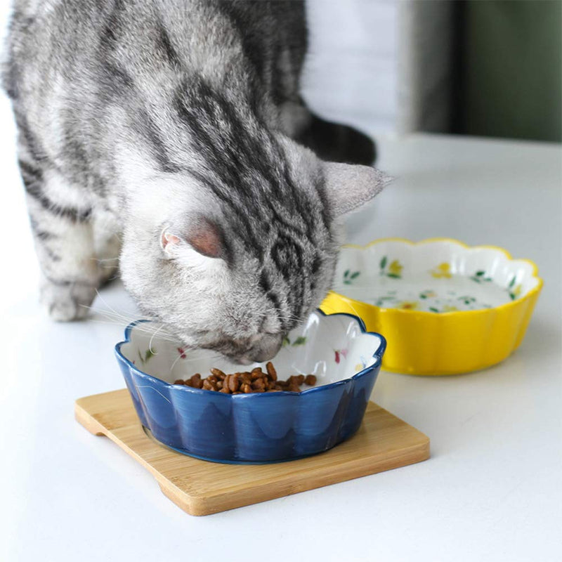 HCHLQLZ Navy Blue Ceramic No Spill Cat bowl dog bowls pet dish for food and water with wood base stand - PawsPlanet Australia