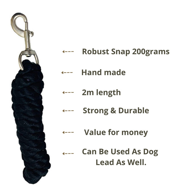 Windsors 2m Length Handmade EcoFriendly Polyester Cotton Lead Rope Plaited Clip Robust Snap 200g Full Cob Pony (Black) - PawsPlanet Australia
