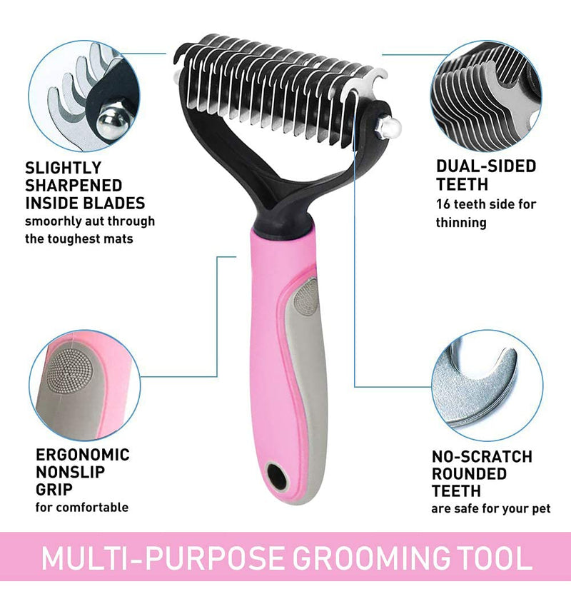 Uoking Pets Grooming Tools, 2 Sided Professional Deshedding Comb Undercoat Rake to Remove Loose Knots, Mats, Tangles Hairs Fits for Pets, Cats, Dogs, Horses and Rabbits（Pink） Pink - PawsPlanet Australia