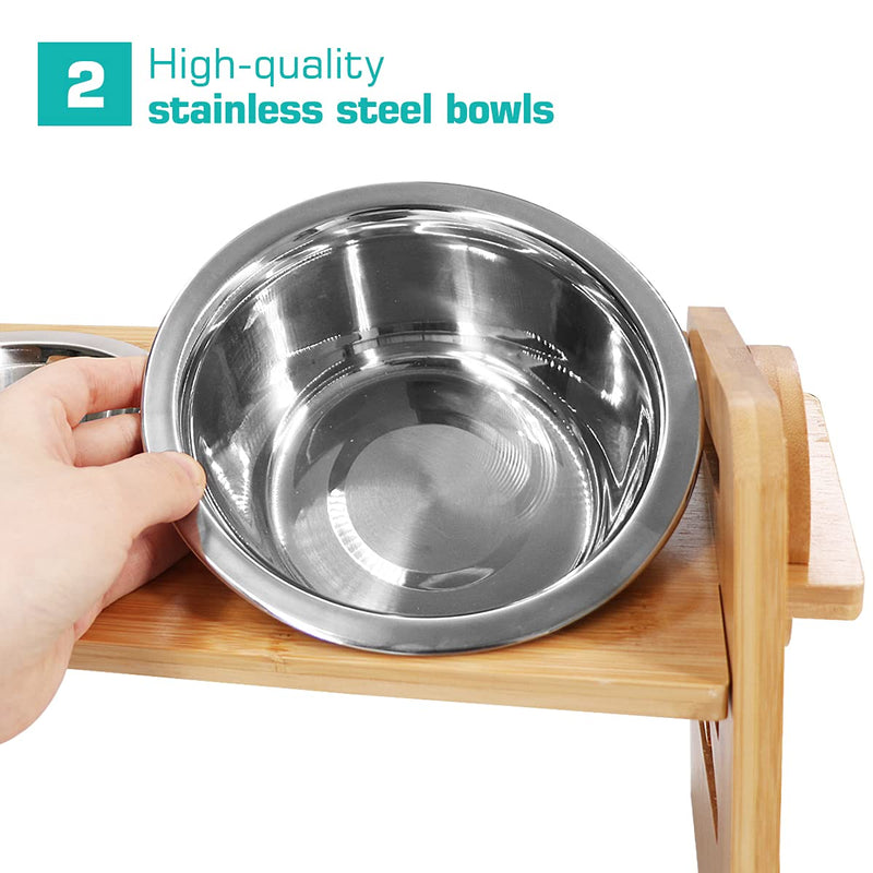 Qlf yuu Raised Dog Bowl for Small Dogs and Cats, Adjustable Bamboo Raised Dog Bowls with Stand with 2 Stainless Steel Bowls, Elevated Dog Bowls for Feeding Food Water (Medium) Medium - PawsPlanet Australia