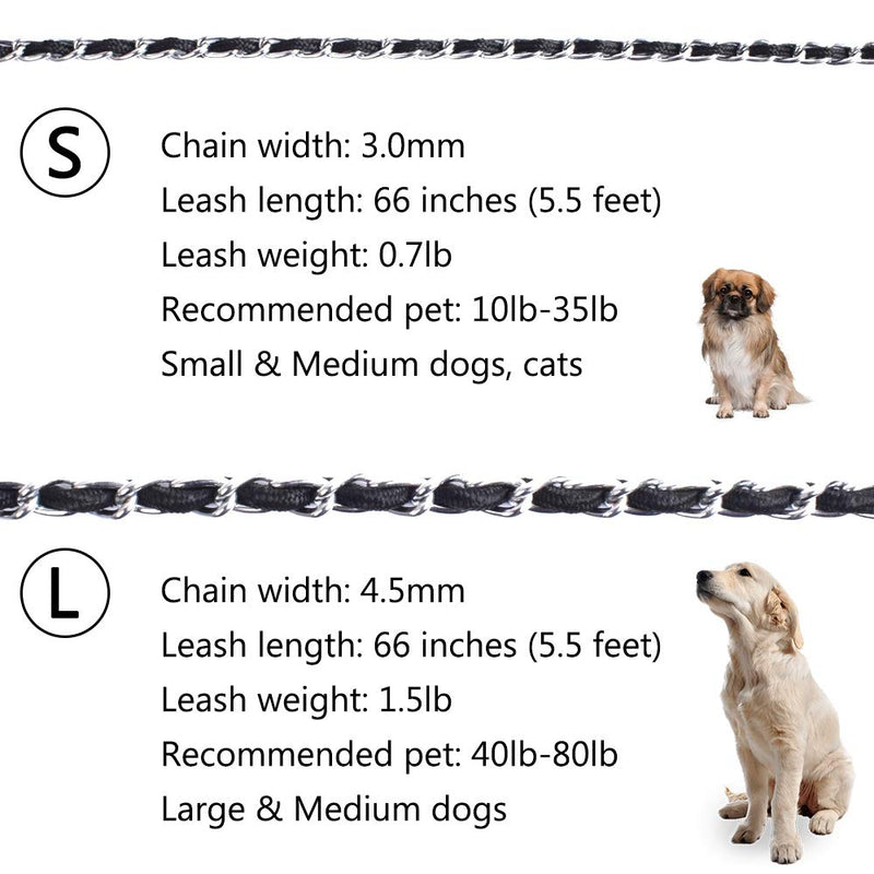 [Australia] - Chew Proof Dog Leash 5.5ft Heavy Duty Dog Leashes Metal Pet Chain Lead with Soft Rope Handle for Medium Large Dogs S (10lb-35lb) Black 