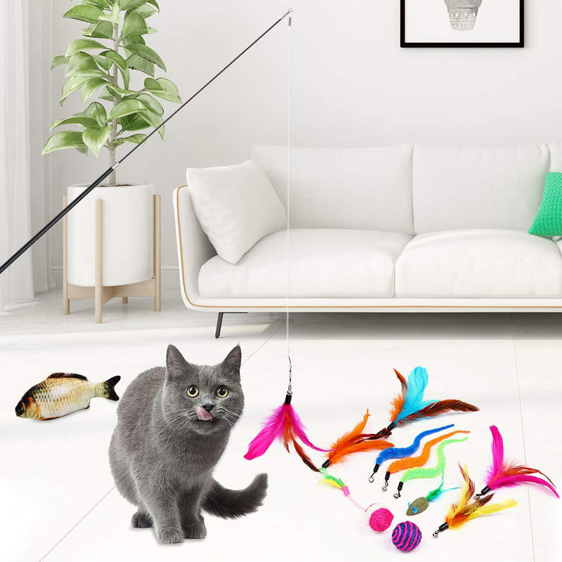 [Australia] - Easeou Cat Toys for Indoor Cats, 12 PCS Retractable Kitten Feather Toys for Indoor Cats, Catnip Fish,Mice Cat Wand Toys, Interactive Catcher Teaser and Funny Exercise Balls and Bells 