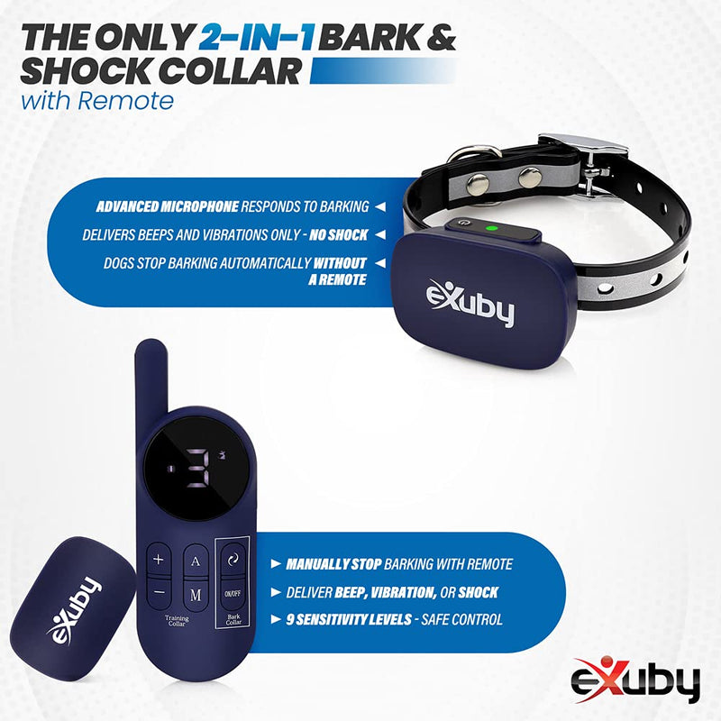 eXuby 2in1 Dog Shock Collar Plus Automatic Bark Collar - Stop Dog's Barking Automatically & Manually w/Remote - 900 Yard Range - 3 Humane Training Modes Beep, Vibrate, & Shock - 9 Levels Dark Blue - PawsPlanet Australia