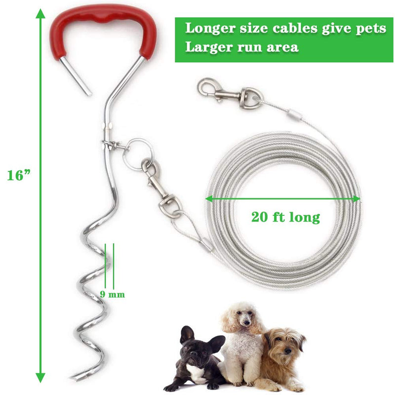 Dog Tie Out Cable and Stake, with Shock Absorption Spring 20FT Reflective Steel Chain and 16“ Spiral Anchor Heavy Duty Dog Leash Stake for Yard Camping Outdoors, Small to Large Dogs up to 125 lbs no spring - PawsPlanet Australia