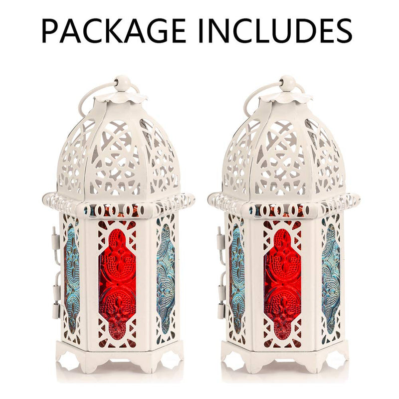 NUPTIO 2 Pcs Moroccan Style Candle Lantern - Small Sized Tealight Candle Holder with Transparent Glass Panels Great for Patio, Indoors/Outdoors, Events, Parties and Weddings, White 2 Pcs Small Size - PawsPlanet Australia