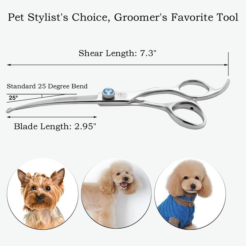 Moontay Professional Dog Grooming Straight, Curved, Thinning/Blending/Chunking Scissors Kit, JP-440C Stainless Steel Pet Cat Hair Cutting/Trimming Shears, Silver 7" (Curved Scissors) - PawsPlanet Australia