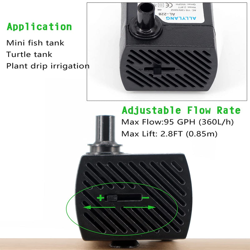 ALLYLANG Mini Aquarium pump, super quiet submersible pump (95GPH4W) for aquarium tanks, water gardens, hydroponic systems, desktop fountains and pet fountains 95GPH - PawsPlanet Australia