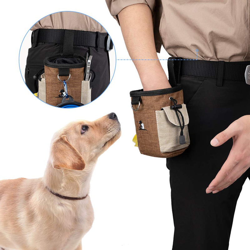 EXCELLENT ELITE SPANKER Dog Treat Pouch with Collapsible Water Feeder Bowl Food Storage Bag for Travel Training Walking Adjustable Belt(Brown) Brown - PawsPlanet Australia